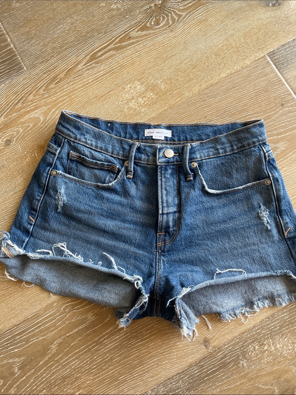Good American Distressed Raw Hem Denim Shorts - Blue
